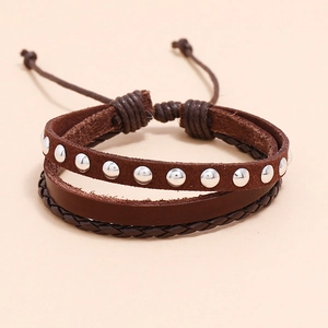Vintage brown multilayer leather bracelet with silver studs and adjustable cord