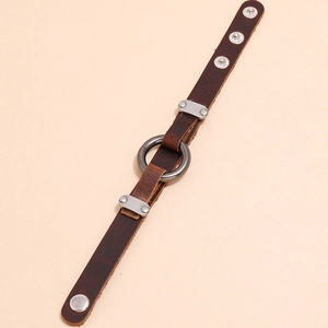 Bracelet rétro en cuir marron avec cercle en alliage gris et rivets argentés style punk