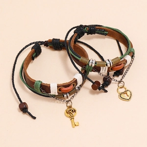 Bracelets en cuir tressé pour couples avec pendentifs clé rétro et serrure en cœur