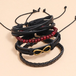 Lot de 4 bracelets rétro en cuir tressé noir avec symbole infini et perles en bois rouges