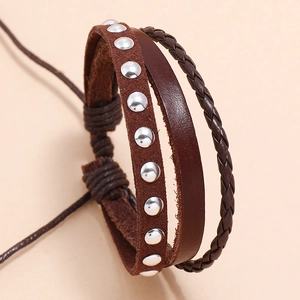 Retro multi-layer brown leather bracelet with silver rivets and woven cord detail