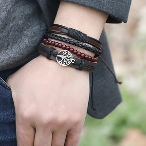 Set di bracciali in pelle stile boho con ciondolo albero della vita argento e perle