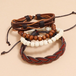Set of 4 vintage leather bracelets with wood beads and woven ropes for men's fashion