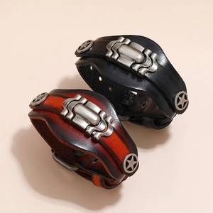 Retro multi-layer leather bracelets with star rivets and metal shield accents for men