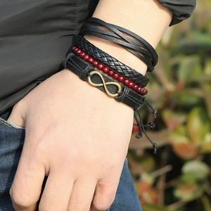 Ensemble de bracelets rétro multicouches en cuir tressé avec breloque infini pour homme