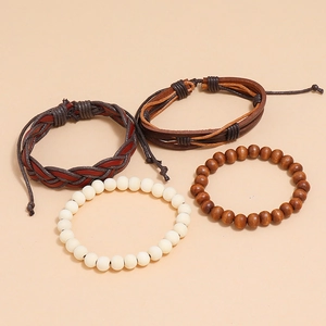 Set of 4 vintage woven leather bracelets and wooden beaded strands for men in brown tones