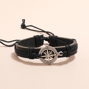 Bracelet rétro en cuir noir pour homme avec breloque boussole et cordon tressé ajustable