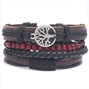 Braccialetti Retrò in Pelle Artificiale Intrecciata Ciondolo Albero della Vita in Lega Perline di Legno Polsino Multistrato Gioielli Unisex