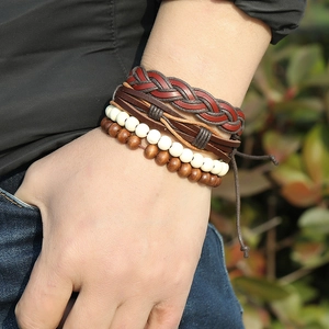 Men's retro layered braided leather bracelet set with brown wood and white beads