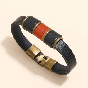 Minimalist vintage black and reddish-brown leather bracelet with antique metal clasp for men