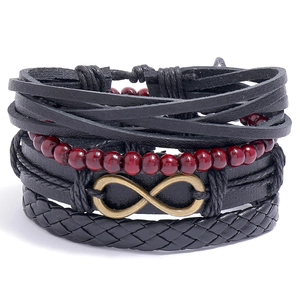 Bracelet Vintage Punk en Cuir Tissé Symbole Infini Perles en Bois Réglable Bohème Bijoux Cadeau