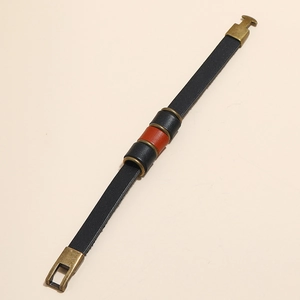 Minimalist vintage men's black and brown leather bracelet with brass clasp closure
