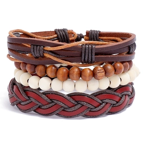 4Pcs Men's Vintage Braided Leather Bracelet Set Ethnic Wood Beads Wax Cord Wrap Bracelet Handmade Boho Jewelry For Men