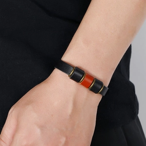 Men's retro black leather bracelet with red beads and antique bronze metal accents