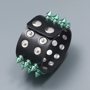 Punk black leather bracelet with double row neon green spikes and silver button snap