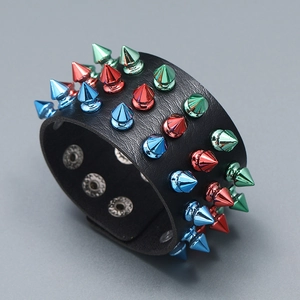 Punk black leather bracelet with three rows of colorful spikes and snap buttons