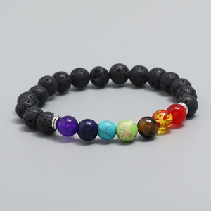 Lava rock chakra bracelet with seven colorful natural stone beads and silver spacers