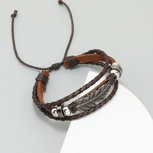 Retro multi-layer leather braided bracelet with silver alloy feather and adjustable cord