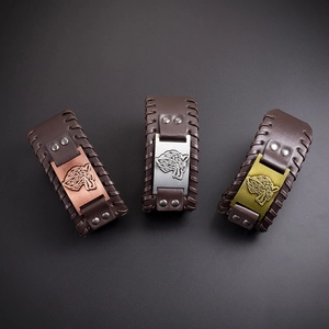 Nordic Viking wolf head woven leather bracelet in bronze, silver, and copper finishes