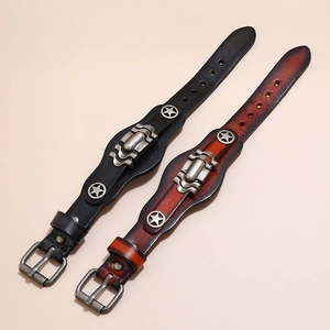 Vintage multilayer leather bracelets with star metal studs and adjustable pin buckle
