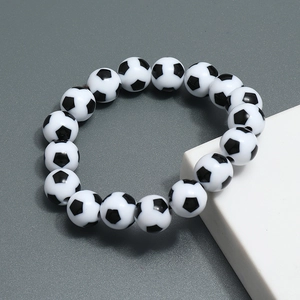 Minimalist elastic soccer bead bracelet for men featuring black and white football patterns