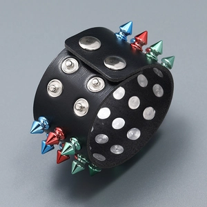 Punk leather bracelet with three rows of colorful metal spikes and adjustable silver snaps