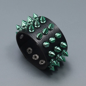 Punk black leather bracelet with triple rows of vibrant green metallic spikes and studs