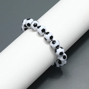 Elastic football soccer bead bracelet for men, featuring white beads with black patterns