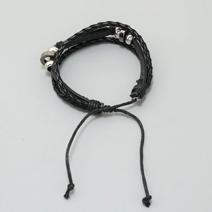 Multilayer black braided leather bracelet with silver metal beads and adjustable knot