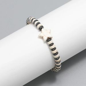 Men's beaded elastic bracelet with marble beads and a pentagram star center charm
