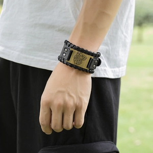 Vintage Viking wolf head woven leather bracelet with bronze metal charm for men