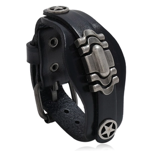 Retro multi-layer black leather punk bracelet with vintage metal stars and buckle