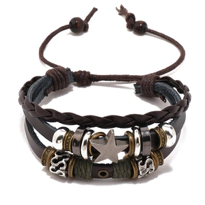 Vintage Multi-Layer Braided Leather Bracelet With Alloy Pentagram Cross Pendant Beaded Adjustable Men Punk Bohemian Jewelry