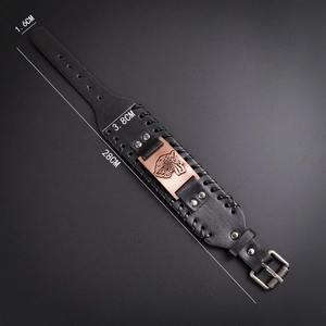 Vintage Viking wolf head woven leather bracelet with punk style bronze relief