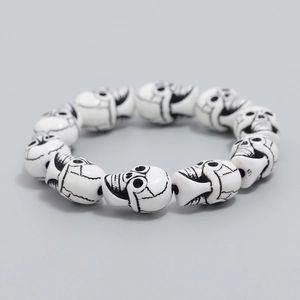 Gothic style white resin skull beaded bracelet for men with creative punk design details
