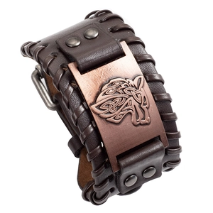 Vintage Viking wolf head embossed leather bracelet with Celtic totem for men