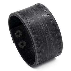 Vintage wide black leather punk bracelet with distressed texture and metal snap buttons