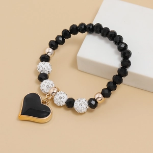 Minimalist crystal bracelet with black beads, rhinestone ball and heart charm