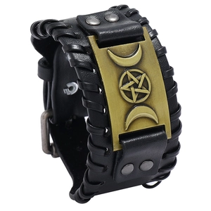 Vintage Punk Herren Geflochtenes Kunstleder Legierung Armband Dreifache Mond Pentagramm Platte Breites Manschetten Schmuck Nietenspange
