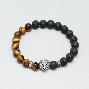 Bracelet pour hommes avec œil de tigre, perles de lave noire et tête de lion argentée