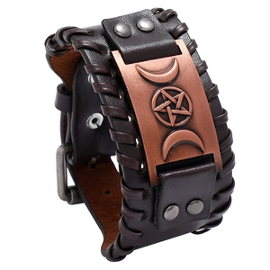 Retro Herren Lederarmband geflochten mit Punk Mond und Stern Bronzeplakette