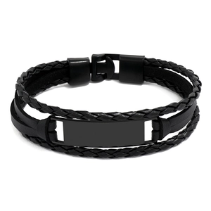 Bracelet Homme Multi-couches Tressé en Cuir Artificiel Fermoir en Alliage d'Acier Inoxydable Punk Plaque ID Bijoux de Mode