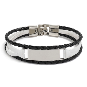 Bracelet multicouche en cuir tressé pour homme avec plaque en métal poli noir et blanc