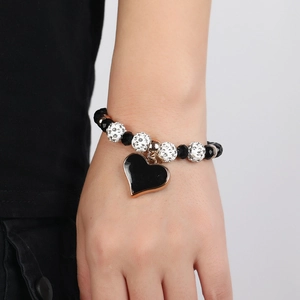 Minimalist crystal beaded bracelet with black heart pendant for women and students