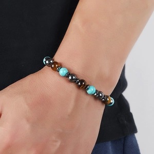 Bohemian beaded bracelet with turquoise, tiger eye and hematite stones for men and women