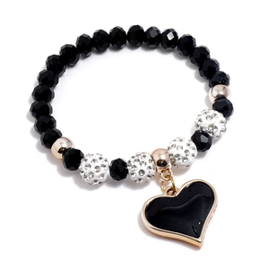 Crystal Beaded Bracelet Black Heart Pendant Enamel Rhinestone Stretch Bracelet Minimalist Hip Hop Fashion Women Jewelry