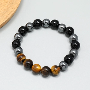 Minimalist beaded bracelet for men with tiger eye, hematite and black obsidian stones