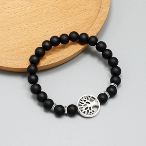 Matte black beaded lucky tree bracelet with silver tree of life charm for men and women