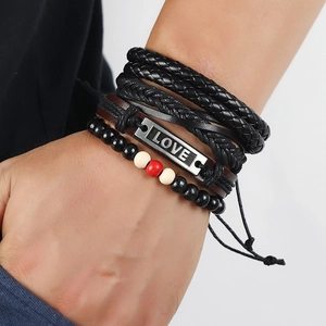 Multilayer bohemian LOVE leather bracelet set with woven ropes and vintage metal plate
