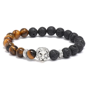 Bracelet en Perles Punk pour Hommes Oeil de Tigre Naturel et Pierre de Lave Noire avec Charme de Tête de Lion en Alliage
